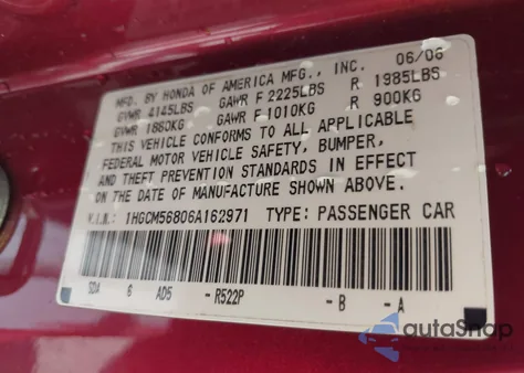 2006 Honda Accord 2.4 Ex из США, поврежденный, VIN 1HGCM56806A162971